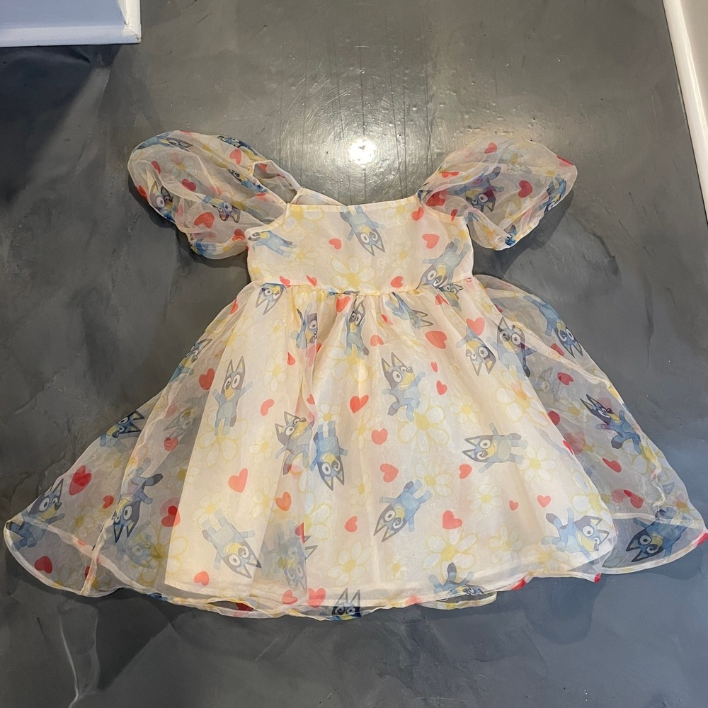Bluey Girls Puff Sleeve Organza Character Print Party Dress White Size L 10/12
